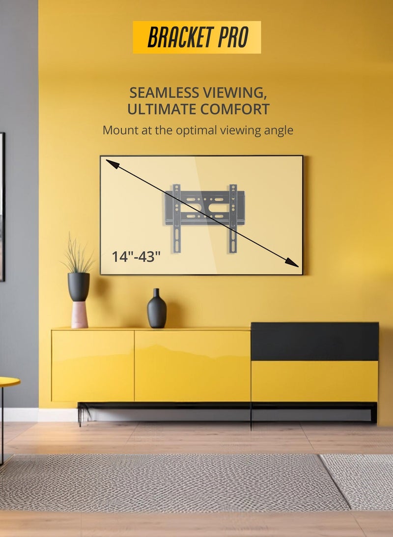 الموالية قوس حامل جداري ثابت للتلفزيون من Bracket Pro، مناسب لشاشات LED وLCD وOLED من 14 إلى 43 بوصة - تصميم فائق النحافة، يتحمل أوزانًا ثقيلة تصل إلى 25 كجم - متوافق مع معايير VESA من 75x75 إلى 200x200 - سهل التركيب - BPF1443 - Image 3